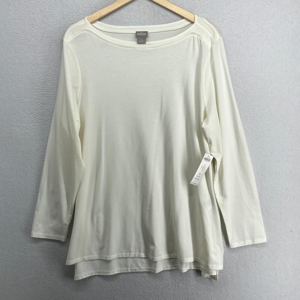 CHICOS Top 3 XL Tunic Boat Neck Long Sleeve Stretch Tencel Off White NEW